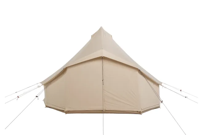 Rear view of breathable canvas glamping tent with full privacy and shade.