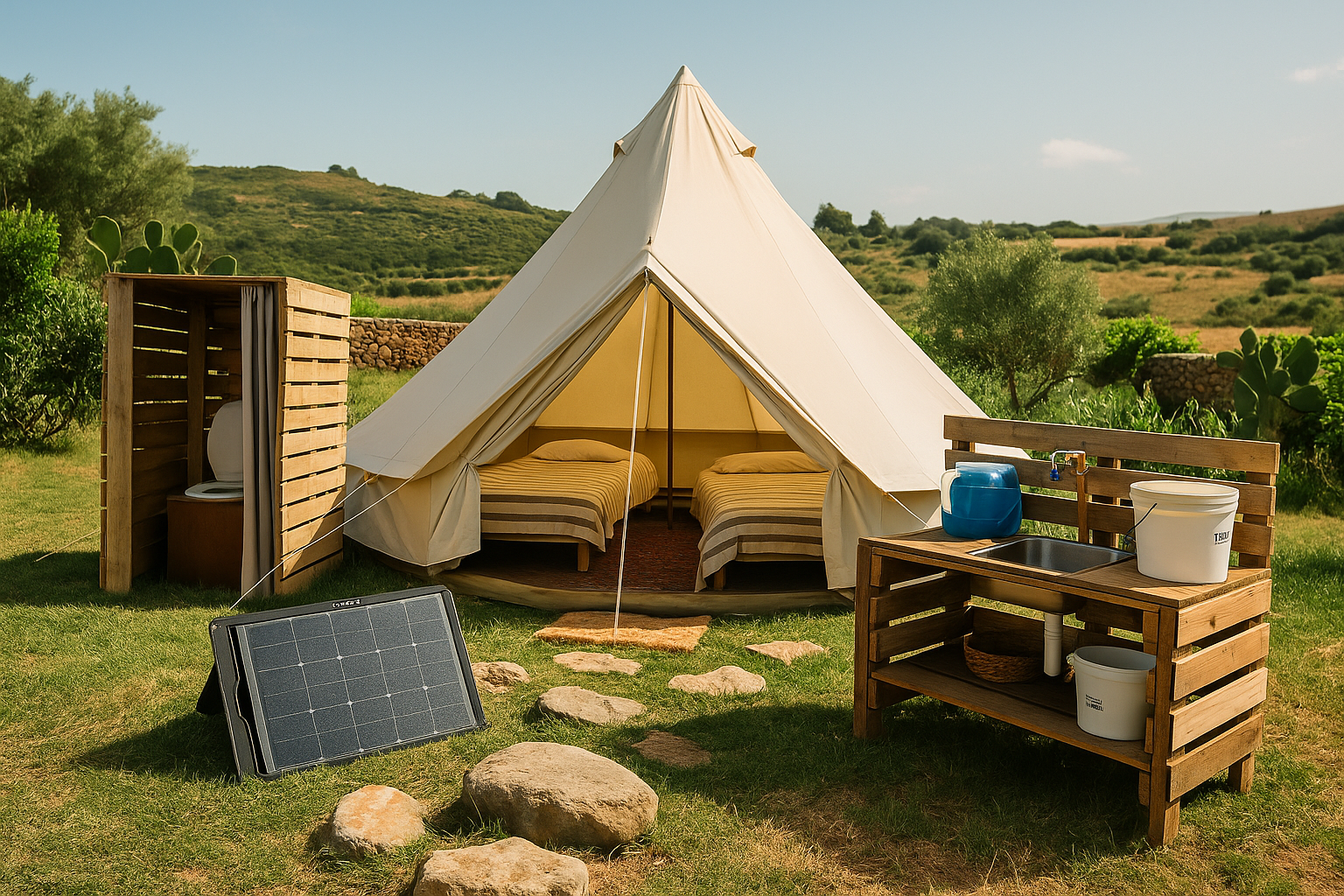 Rustic Sicilian glamping setup with pallet kitchen, dry toilet, and bell tent under Mediterranean sun.
